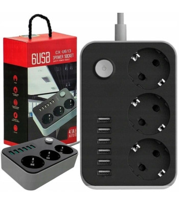 Pagarinātājs 2m ar 3 rozetēm un 6 USB pieslēgvietām CX-U613