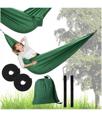 Tūristu šūpuļtīkls ar metāla karabīnēm un stiprināšanas virvēm, 260 x 140 cm, zaļš