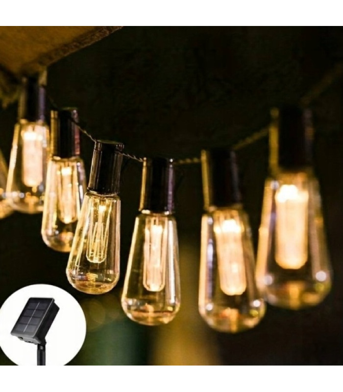 LED dekoratīvā retro āra gaismu virtene ar saules bateriju, 5 m, 20 LED, silti balta
