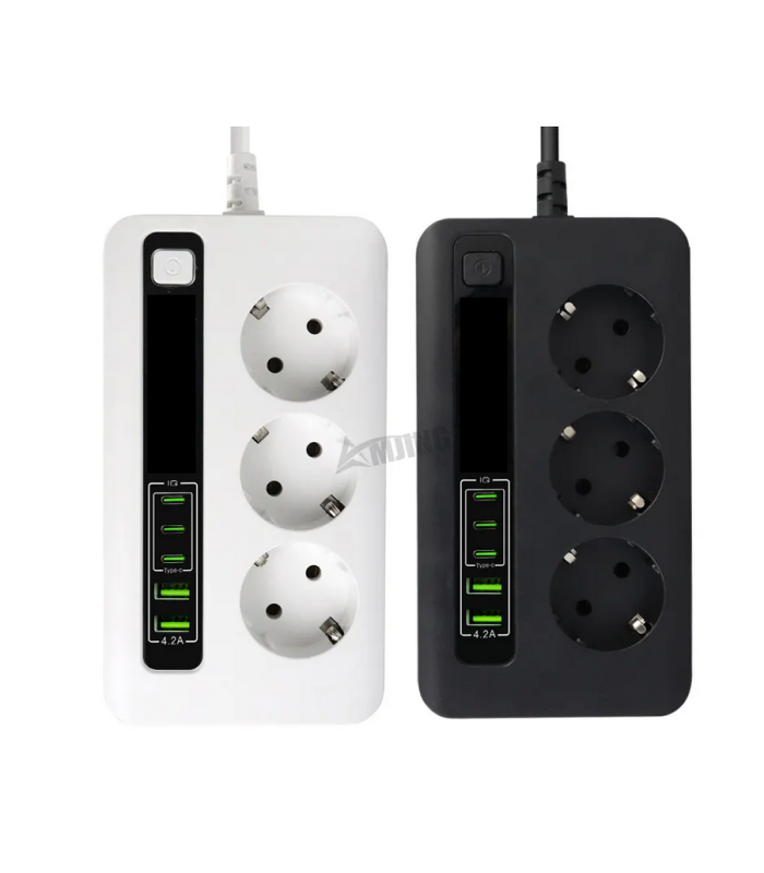 Pagarinātājs 2m ar 3 ligzdām, 2 USB un 3 Type-C savienojumiem BKL-04EU