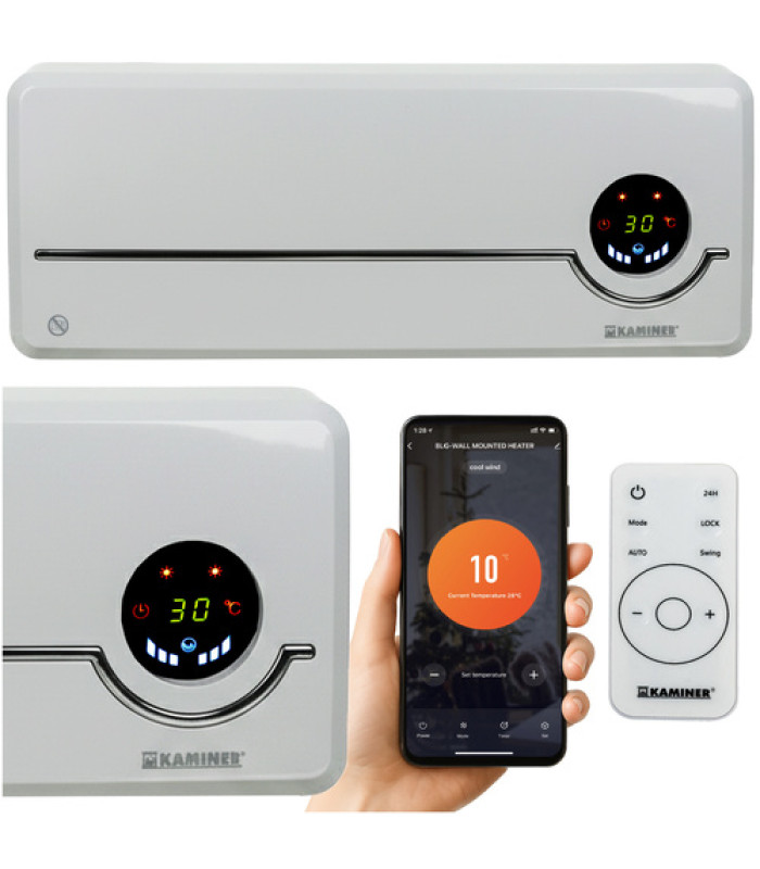 Sienas elektriskais sildītājs, vadāms ar tālruni un tālvadības pulti, 2000 W, KAMINER AIRO