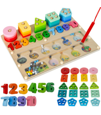 Koka šķirotājs bērniem Kruzzel – izglītojoša Montessori rotaļlieta 3in1, magnētisks labirints ar bumbiņām, figūras un skaitļi, aktivitāšu tāfele 30 × 22,5 cm
