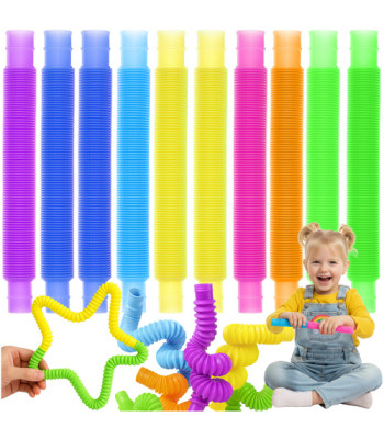 Sensorās caurulītes POP – 10 krāsainu, elastīgu un izstiepjamu caurulīšu komplekts Montessori un pretstresa nodarbībām, KRUZZEL 26693, 15–51,5×2 cm