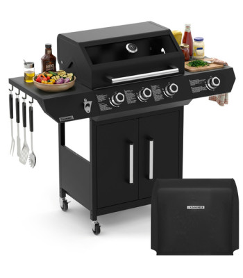 Gāzes grils 3+1 no nerūsējošā tērauda ar čuguna resti, LED rokturiem un pārsegu — Kaminer Varen Black 4.0 13.5kW