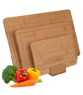 Bambusa virtuves griešanas dēļu komplekts ar statīvu Zortiva — 3 gab., 38x25x1.5cm, 30x20.3x1.5 cm, 22.8x15.2x1.5 cm