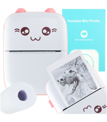 Mini termoprinteris fotogrāfijām un etiķetēm ar USB kabeli Rozā kaķis