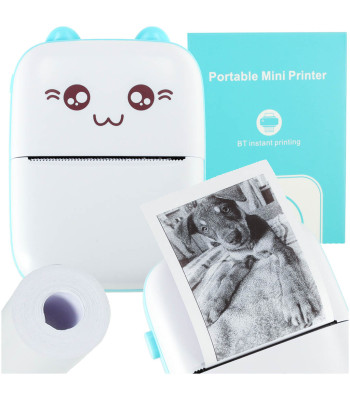Portatīvā Mini Termoprinteris Fotogrāfijām un Etiķetēm + USB Kabelis Zilā Kaķa Dizainā