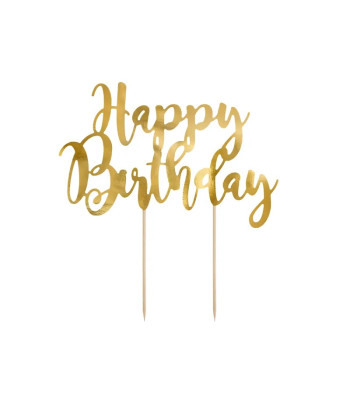 Toperis kūkai ar zelta uzrakstu “Happy Birthday”