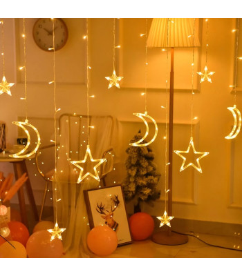 Ziemassvētku LED gaismas priekškars ar mēness un zvaigznēm 2,5M 138LED silts balts