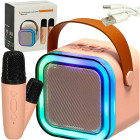 Karaoke komplekts ar 2 mikrofoniem un pārnēsājamu Bluetooth skaļruni USB LED rozā