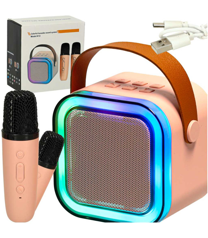 Karaoke komplekts ar 2 mikrofoniem un pārnēsājamu Bluetooth skaļruni USB LED rozā