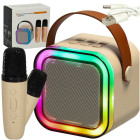 Karaoke komplekts 2 mikrofoni + pārnēsājams skaļrunis BLUETOOTH USB LED bēšs