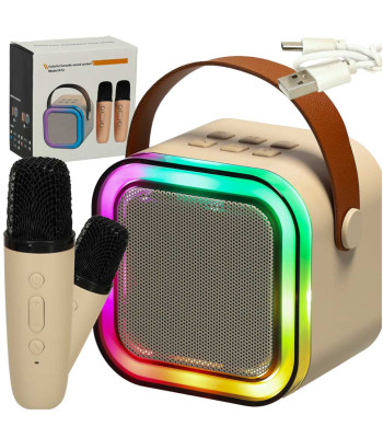 Karaoke komplekts ar 2 mikrofoniem un pārnēsājamu Bluetooth USB LED skaļruni, bēšs