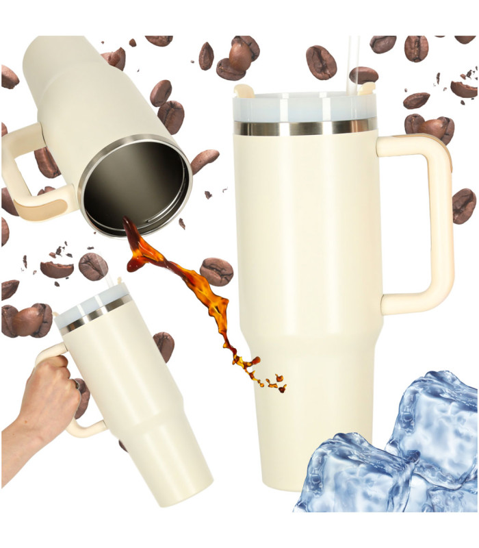 Termo krūze ar salmiņu un rokturi 1200ml krēmkrāsas