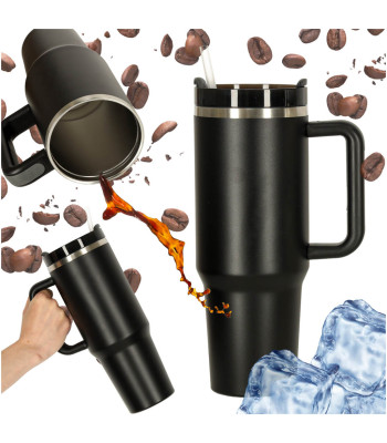Termokrūze ar salmiņu un rokturi, melna, termos 1200ml