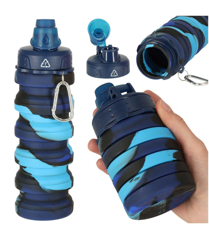 Silikona ūdens pudele, saliekama ar turētāju, sporta, 500 ml, zila