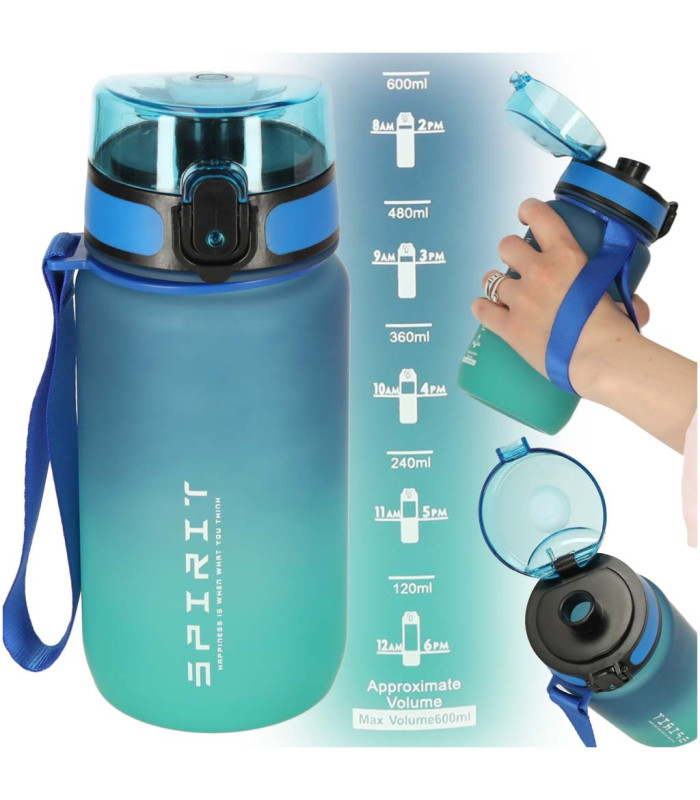 Ūdens pudele ar salmiņu un rokturi sporta 600ml zila-zaļa