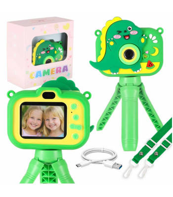 Bērnu digitālais fotoaparāts ar statīvu, zaļš dinozaurs 1080P