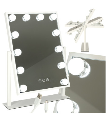 Kosmētikas grima spogulis ar LED apgaismojumu, 12 LED, Hollywood, USB, 30 x 40 cm