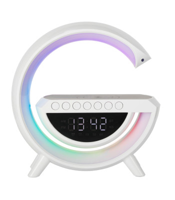 LED RGB gaminga lampa ar skaļruni, indukcijas lādētāju, radio, modinātāju un pulksteni, 22,5 cm x 24 cm x 8 cm