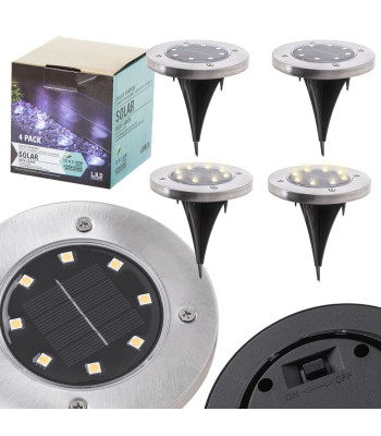Saules dārza zemē iedzenamas LED lampas ar krēslas sensoru, 4 gab., auksti balta gaisma, 8 LED