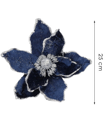Betlēmes zvaigzne ar klipsi, mākslīgais zieds poinsettia Springos CA1228, tumši zils ar sudraba spīdumiem