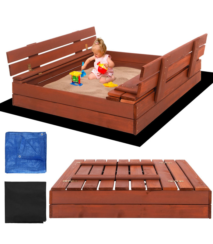 Aizverama smilšu kaste ar soliņiem Springos SBP100SET04 100×100 cm impregnēta koksne, ar geotekstilu un plēvi, brūna