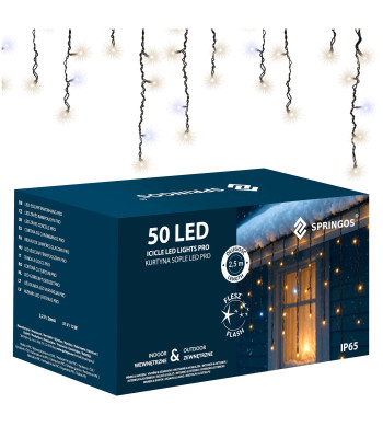 LED svētku gaismas aizkars 50 LED auksti baltā gaismā + flash Springos CL1240