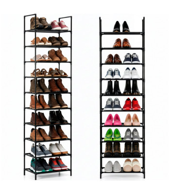 Metāla apavu plaukts, 10 līmeņi, vertikāls apavu skapis 178 cm melns