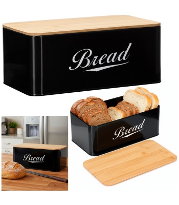 Metāla maizes kaste 33x18x14 cm, slēgta maizes kaste, bambusa dēlis, melna