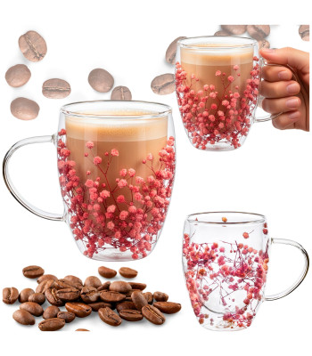 Dubultsienu stikla glāze ar dekoratīviem ziediem Springos HA7574, 300 ml