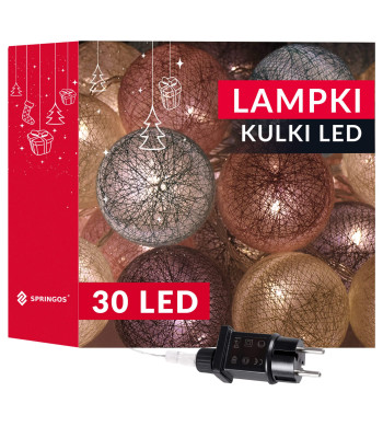 Springos CL0154 kokvilnas bumbiņu LED gaismas virtene, 30 LED, tirkīzzila un rozā