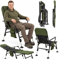 Saliekams makšķerēšanas un kempinga krēsls ar regulējamām kājām, tumši zaļš/melns, Springos® CS0192, līdz 140 kg