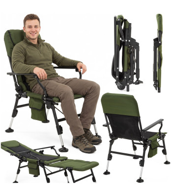 Saliekams makšķerēšanas un kempinga krēsls ar regulējamām kājām, tumši zaļš/melns, Springos® CS0192, līdz 140 kg