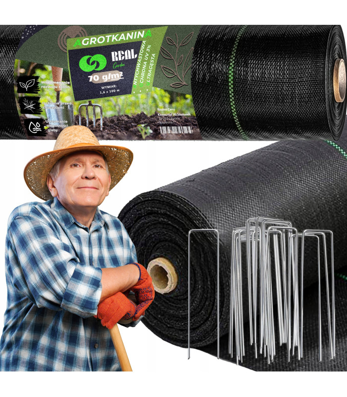 Nezāļu apkarošanas plēve ar 20 mietiņiem, 1,6 m x 100 m, 70 g/m², melna