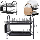 Divu līmeņu metāla trauku žāvētājs ar notecinātāju, melns