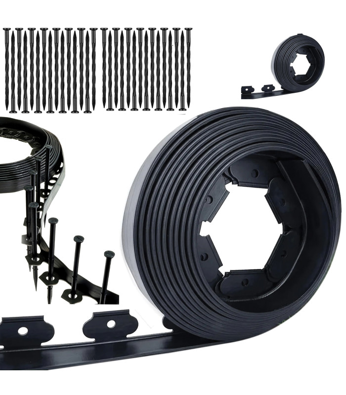 Elastīgas zāliena apmales 60 mm ar 30 enkurus - 20 metrus melnā krāsā