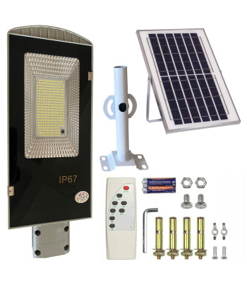 Jaudīga saules ielu lampa uz staba ar paneli, tālvadības pulti un montāžas komplektu, 299LED, 300W