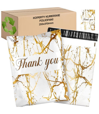 Grezns kurjeru aploksnes sūtījumiem - Thank you, 255x370 mm, balts/zelts