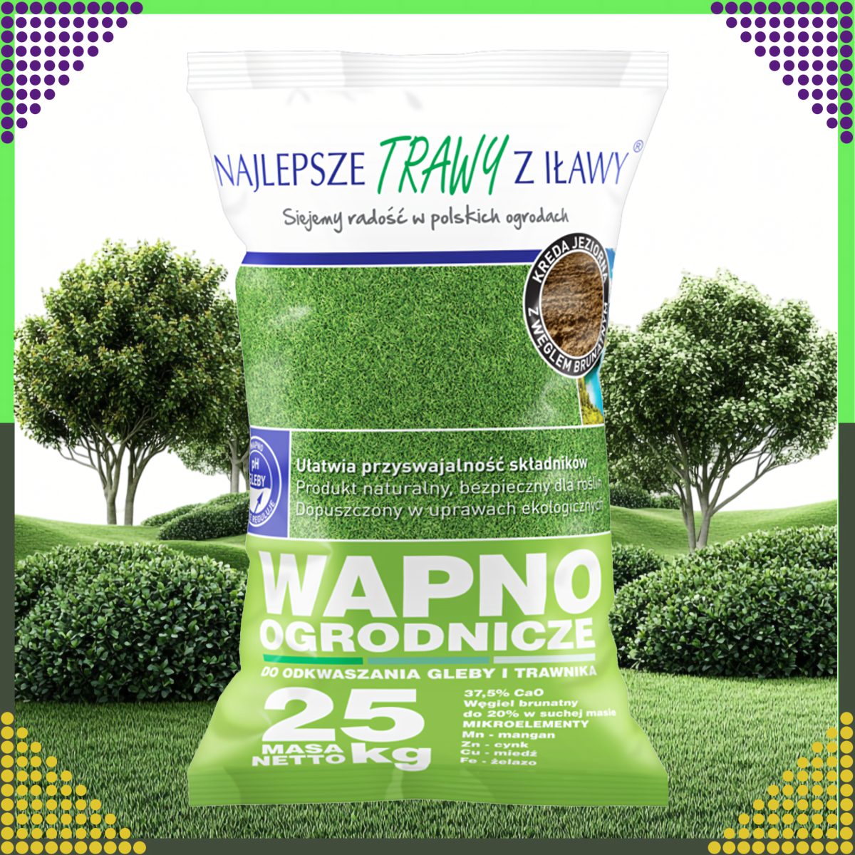 Premium kaļķis augsnes un zāliena atkaļķošanai, ekoloģiskais mēslojums, 25 kg maiss