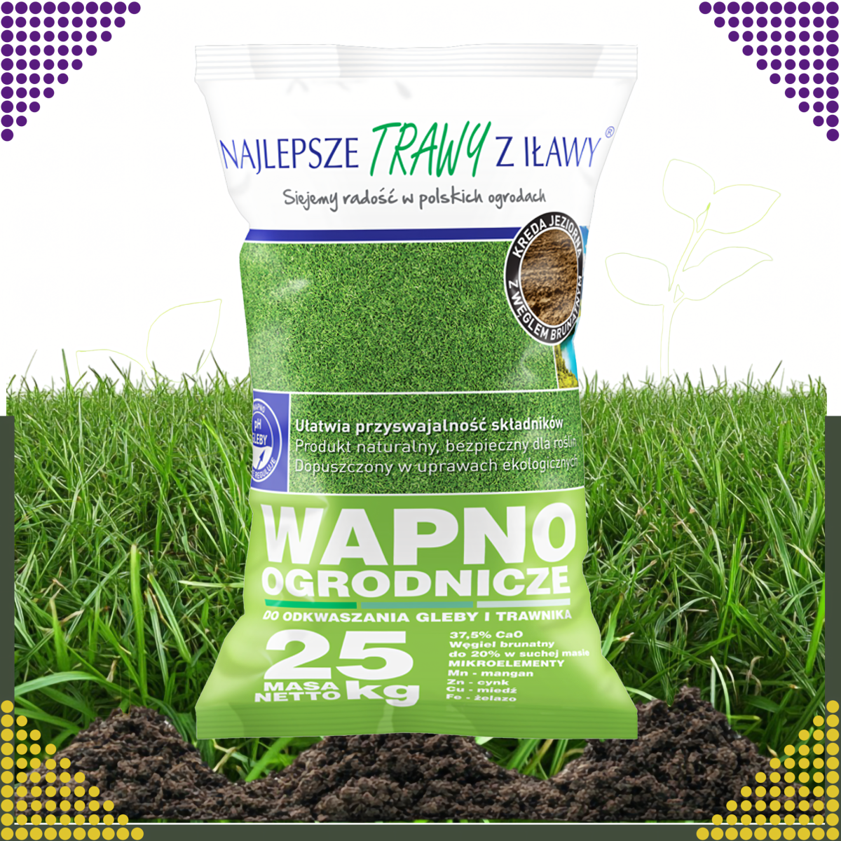 Premium kaļķis augsnes un zāliena atkaļķošanai, ekoloģiskais mēslojums, 25 kg maiss