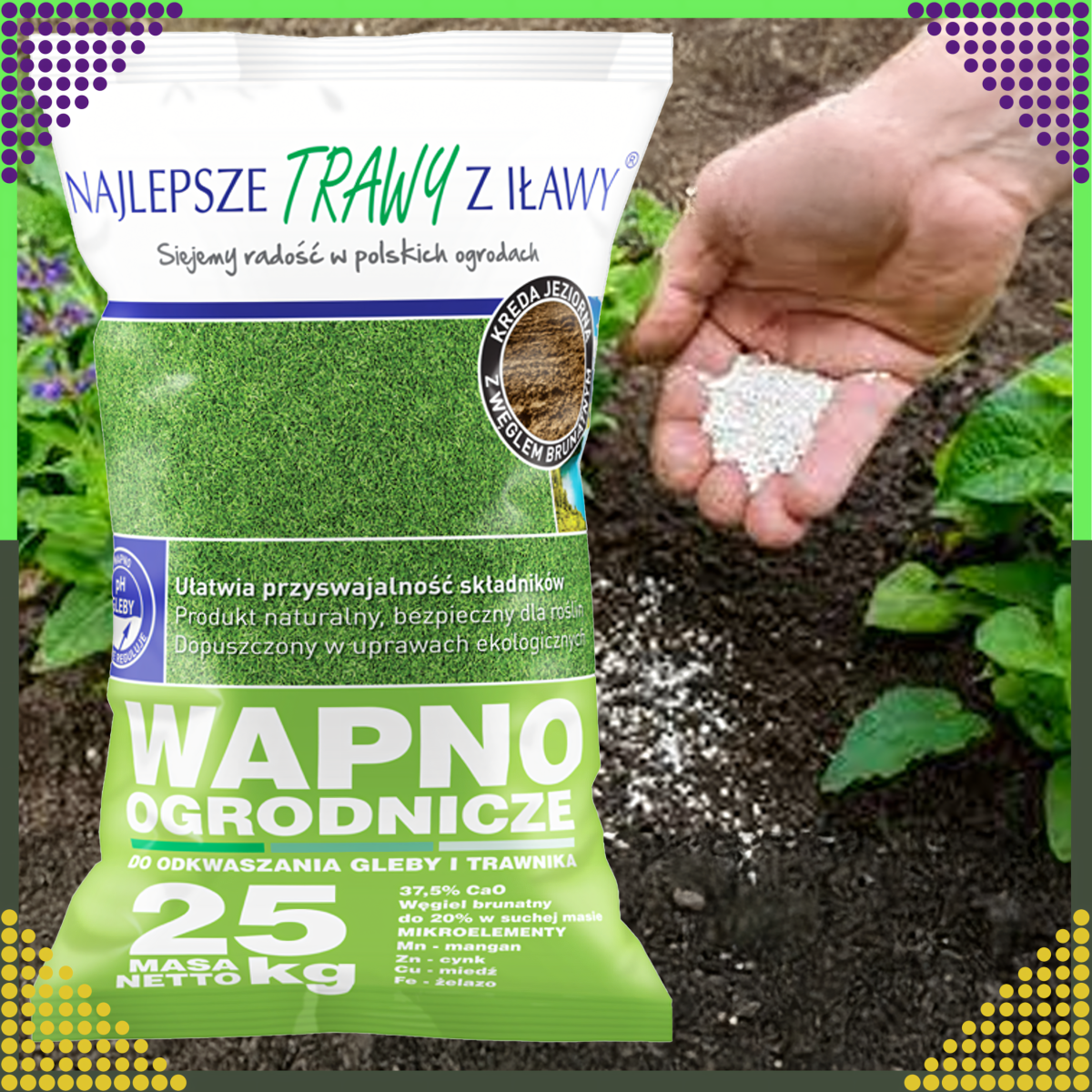 Premium kaļķis augsnes un zāliena atkaļķošanai, ekoloģiskais mēslojums, 25 kg maiss