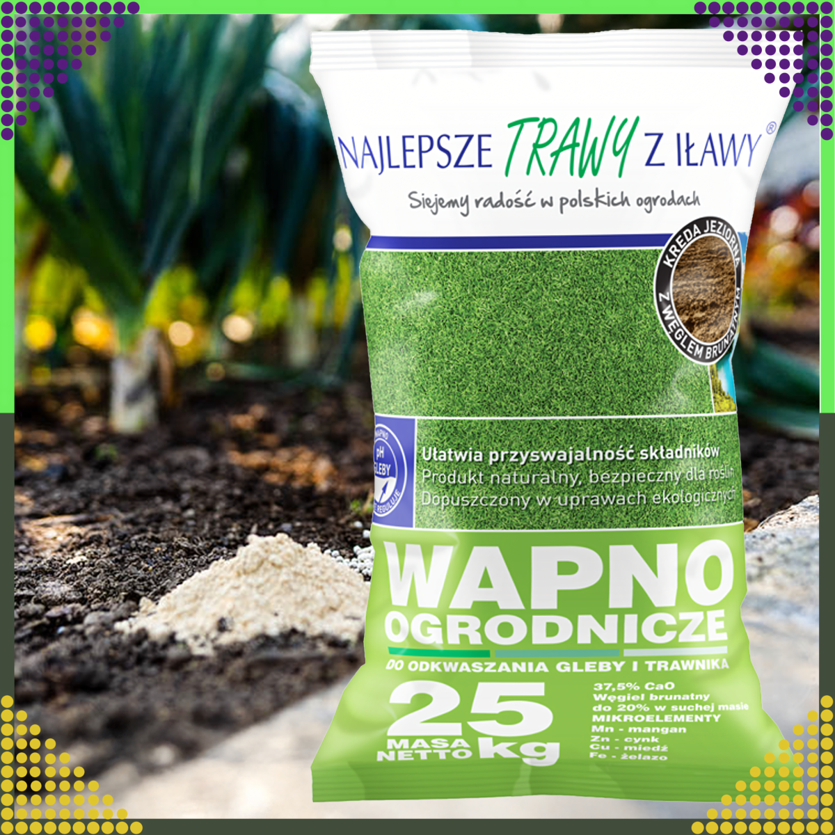 Premium kaļķis augsnes un zāliena atkaļķošanai, ekoloģiskais mēslojums, 25 kg maiss