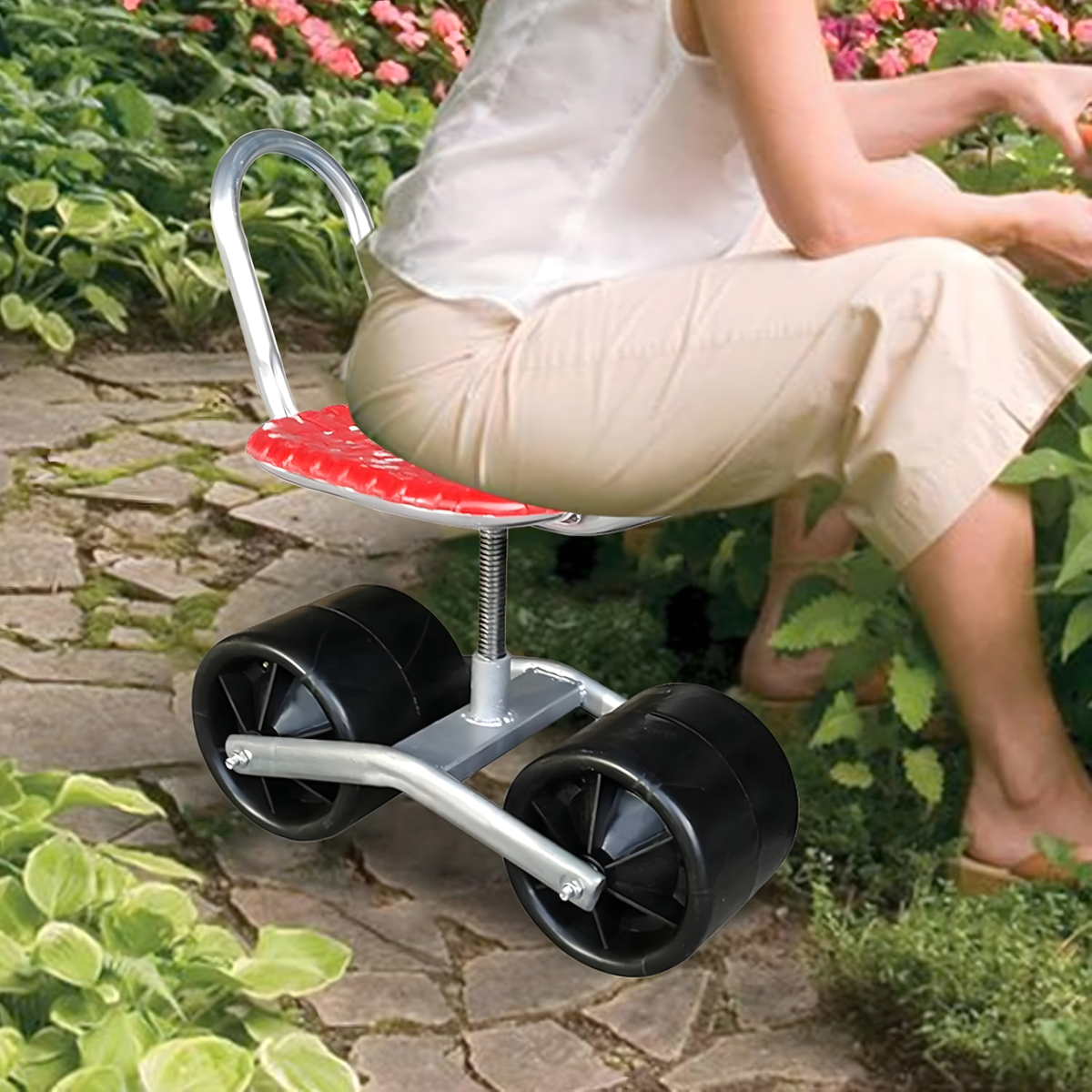 Regulējams dārza krēsls ar riteņiem, atzveltni un grozāmu sēdekli, REAL GARDEN 1213