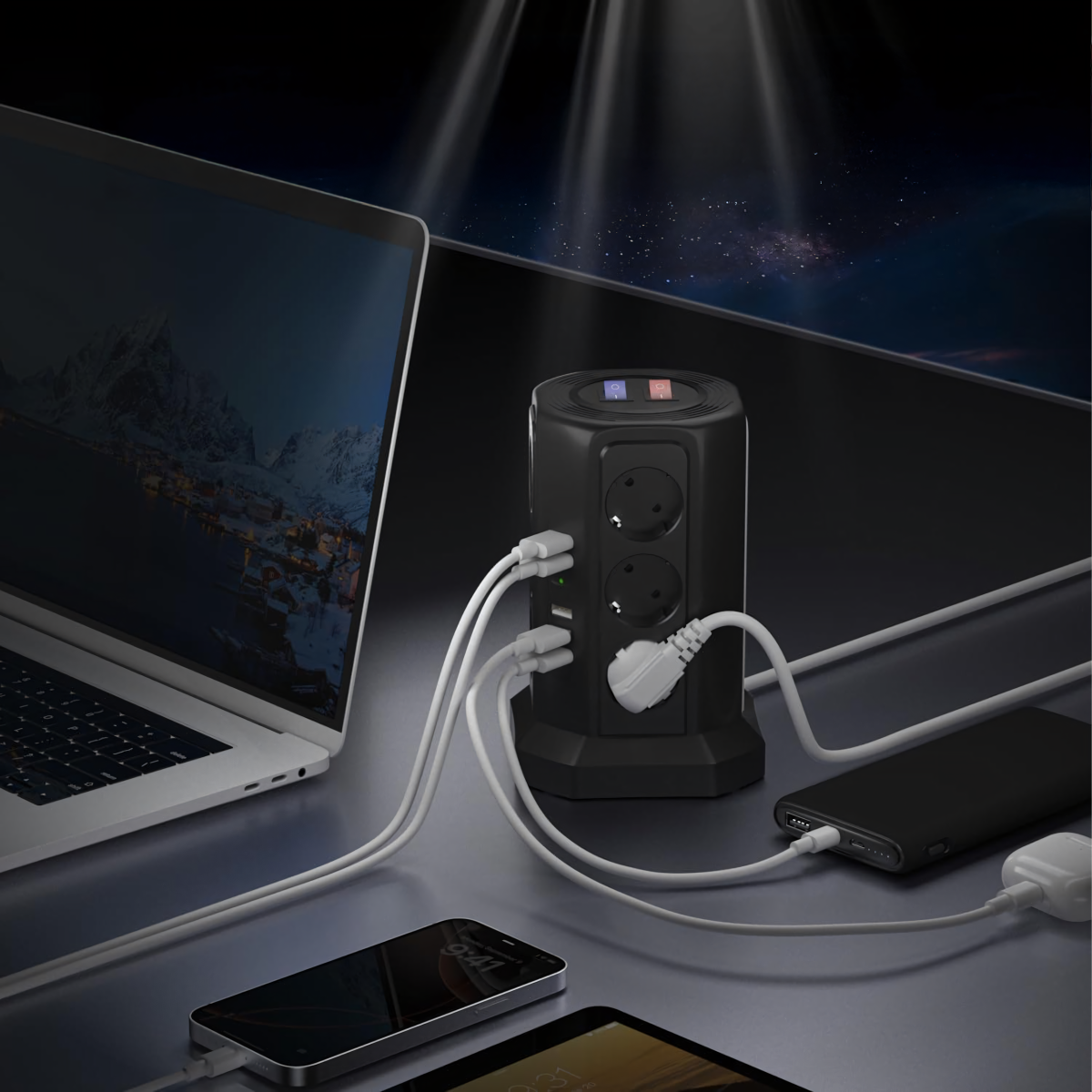 Stāvā barošanas sloksne ar zibensaizsardzību 12 ligzdām + 5 USB porti
