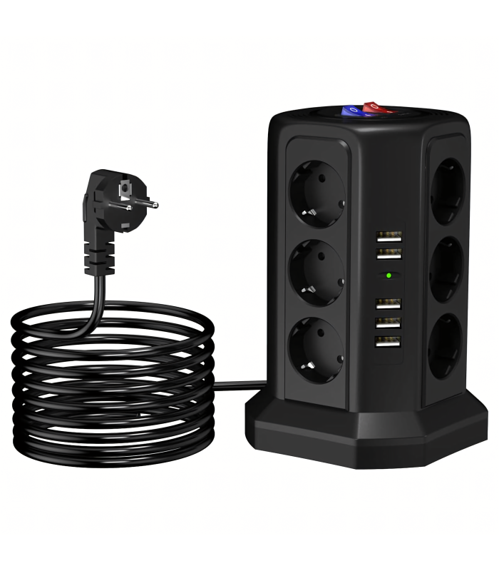 Stāvā barošanas sloksne ar zibensaizsardzību 12 ligzdām + 5 USB porti