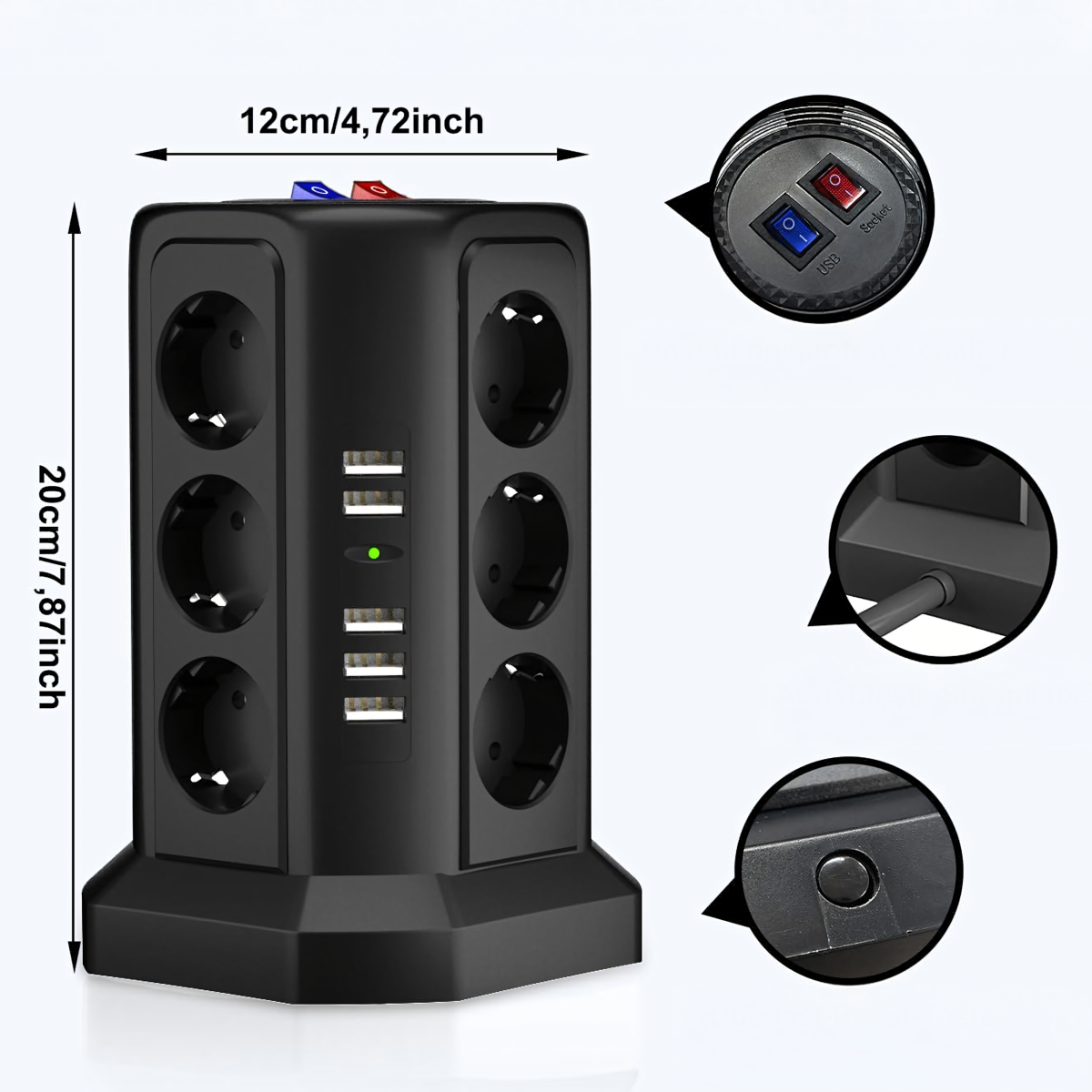 Stāvā barošanas sloksne ar zibensaizsardzību 12 ligzdām + 5 USB porti