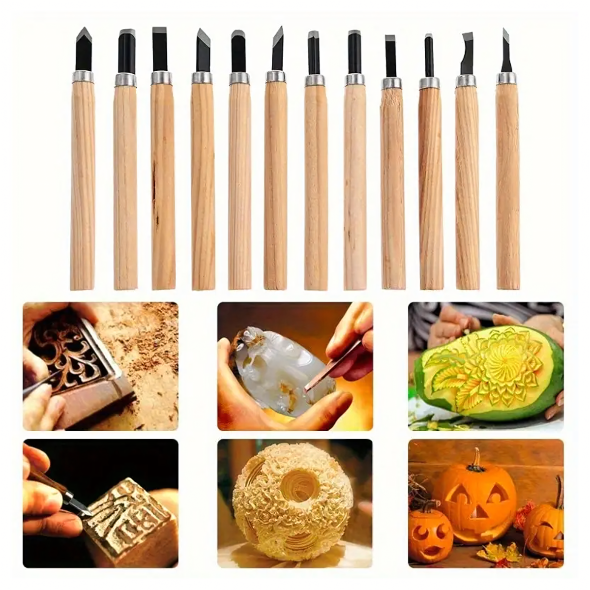 12 gabalu kalta komplekts kokgriezumiem ar koka rokturiem