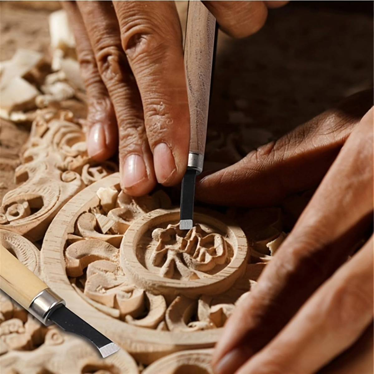 12 gabalu kalta komplekts kokgriezumiem ar koka rokturiem