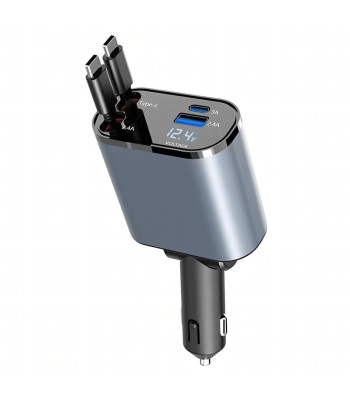 Automašīnas lādētājs 4w1 USB-C ar šarnīru un uztinamu kabeli, ātrā uzlāde, 120W, 80 cm